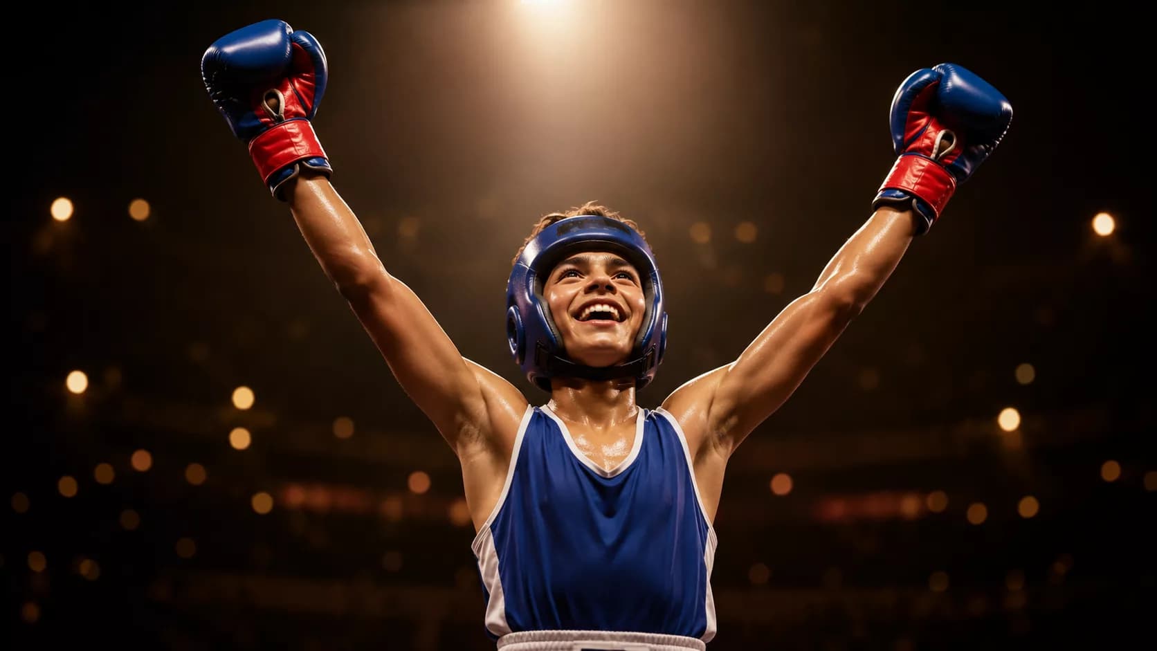 Young boxer celebrating with gloves raised after a World Boxing Together junior bout